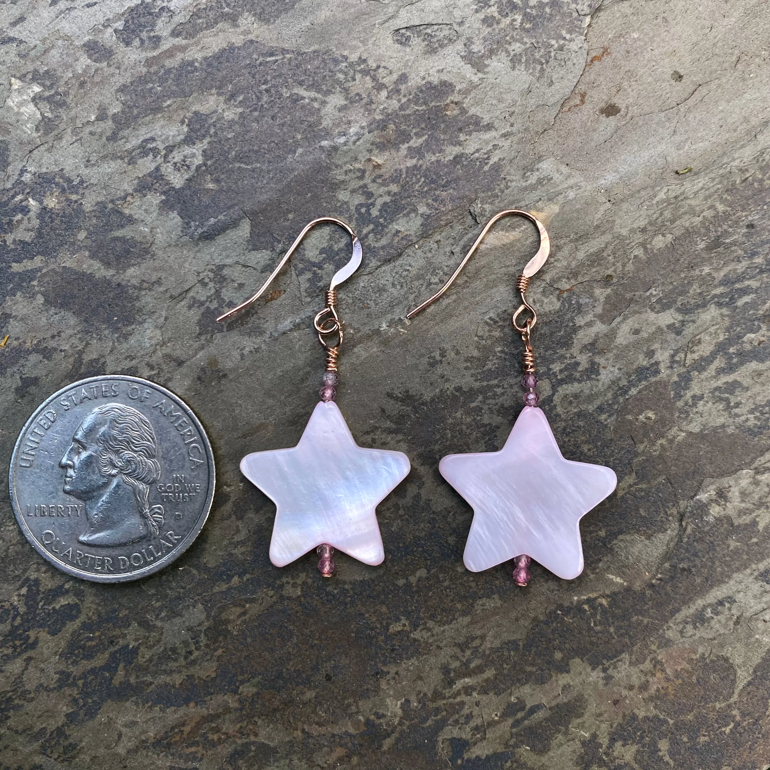 Mother of pearl star and pink topaz with 14 kt rose gold filled drop earrings