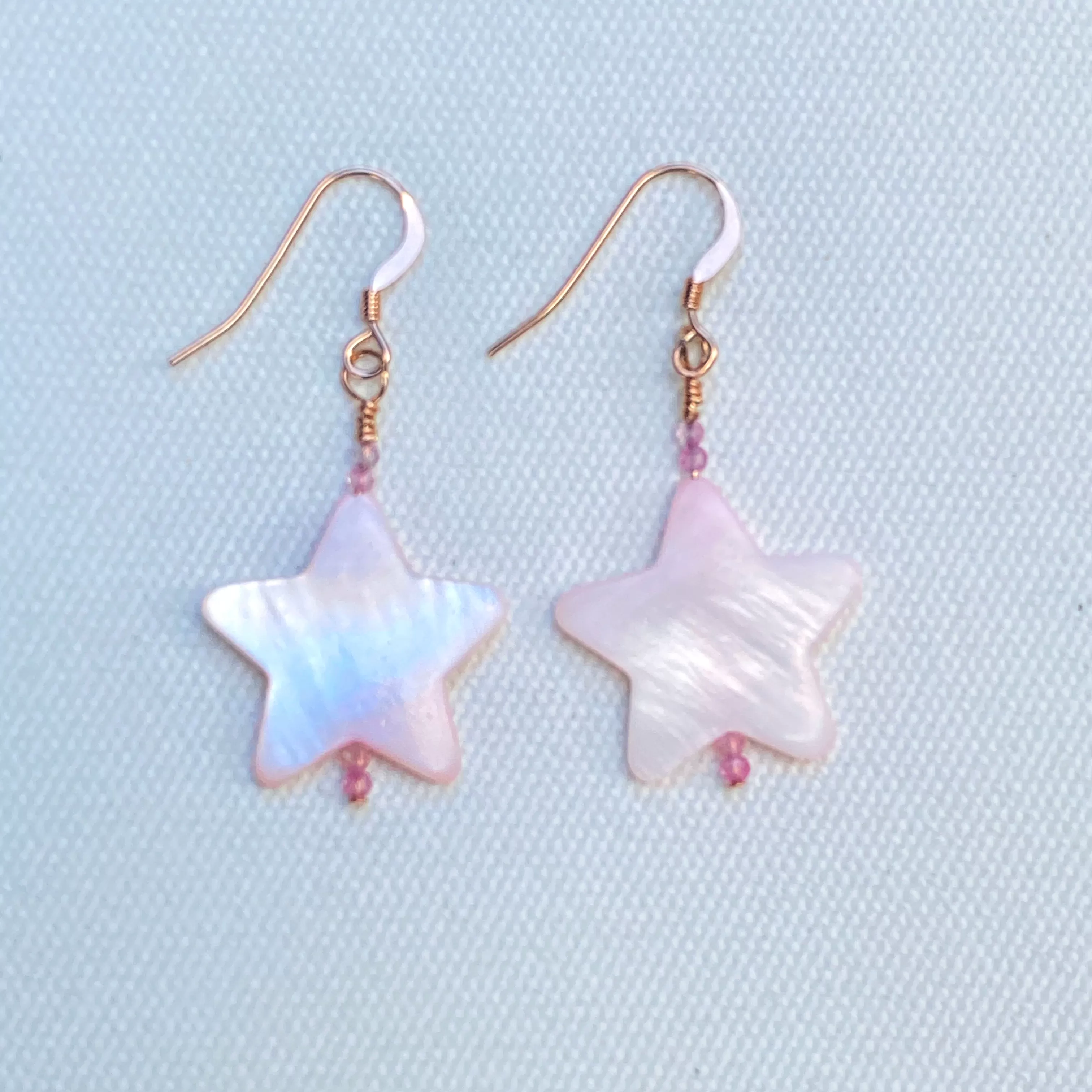 Mother of pearl star and pink topaz with 14 kt rose gold filled drop earrings