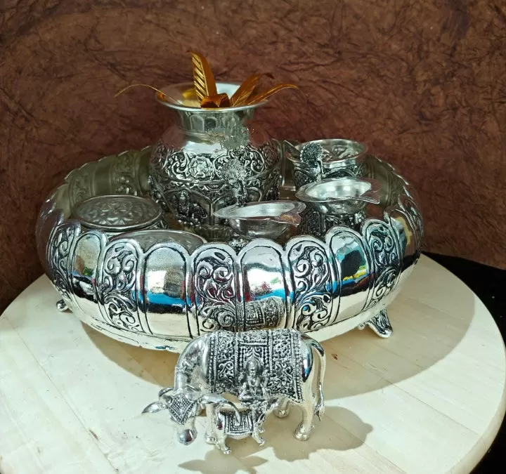 Narayani , Antique Finish German Silver Puja Set-CS001GSP