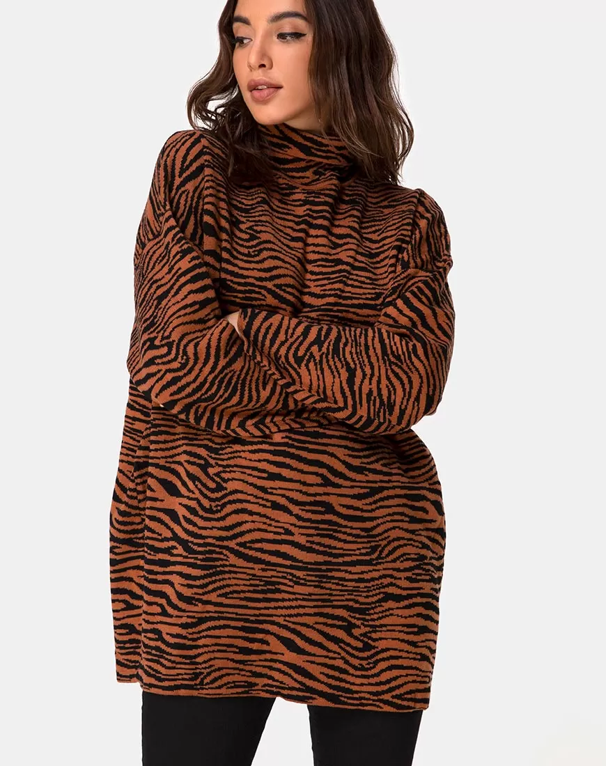 Neivie Roll Neck Jumper in Tiger Knit Brown