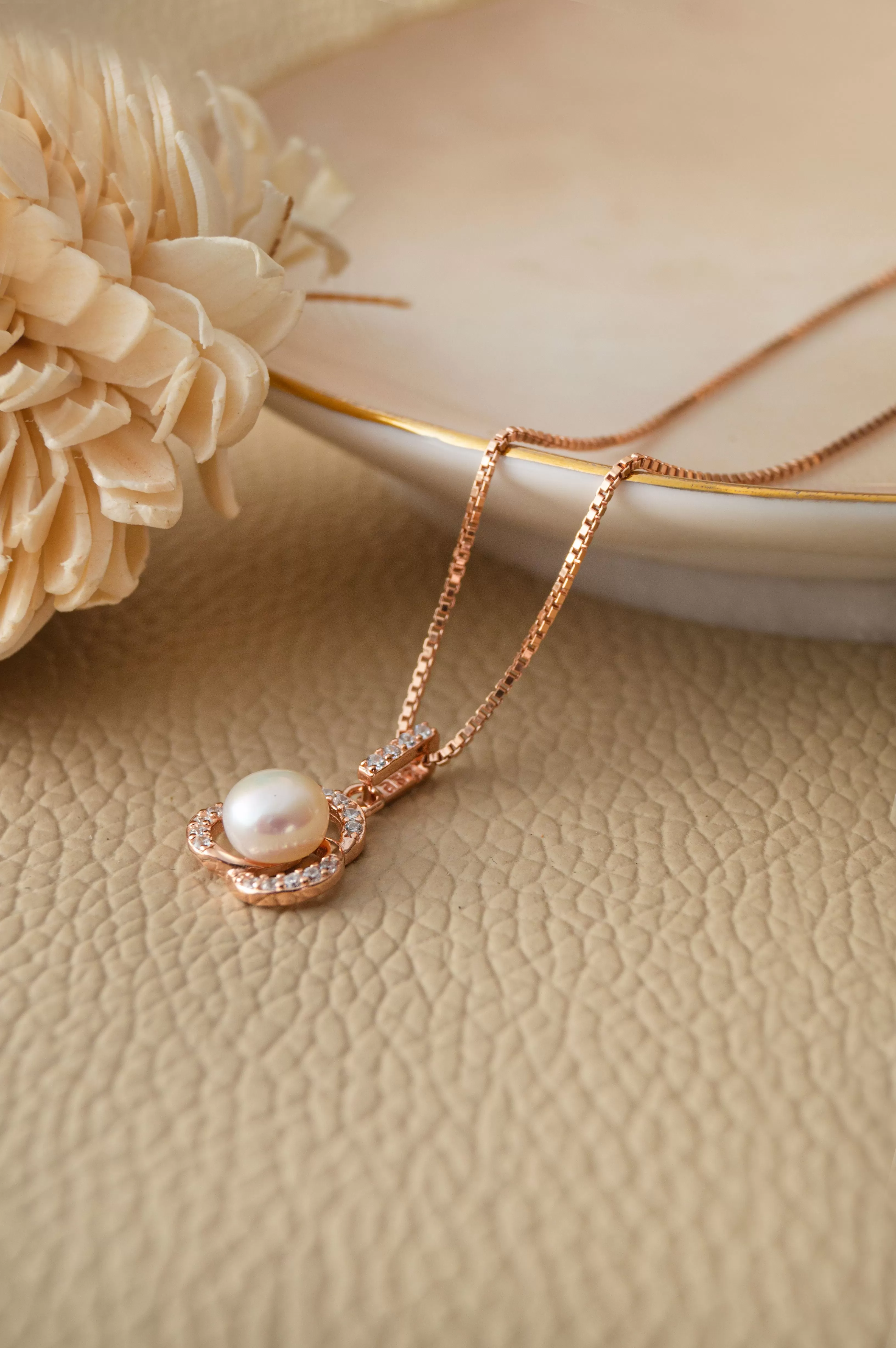 Pearl Enclosed Flower Rose Gold Plated Sterling Silver Pendant Set