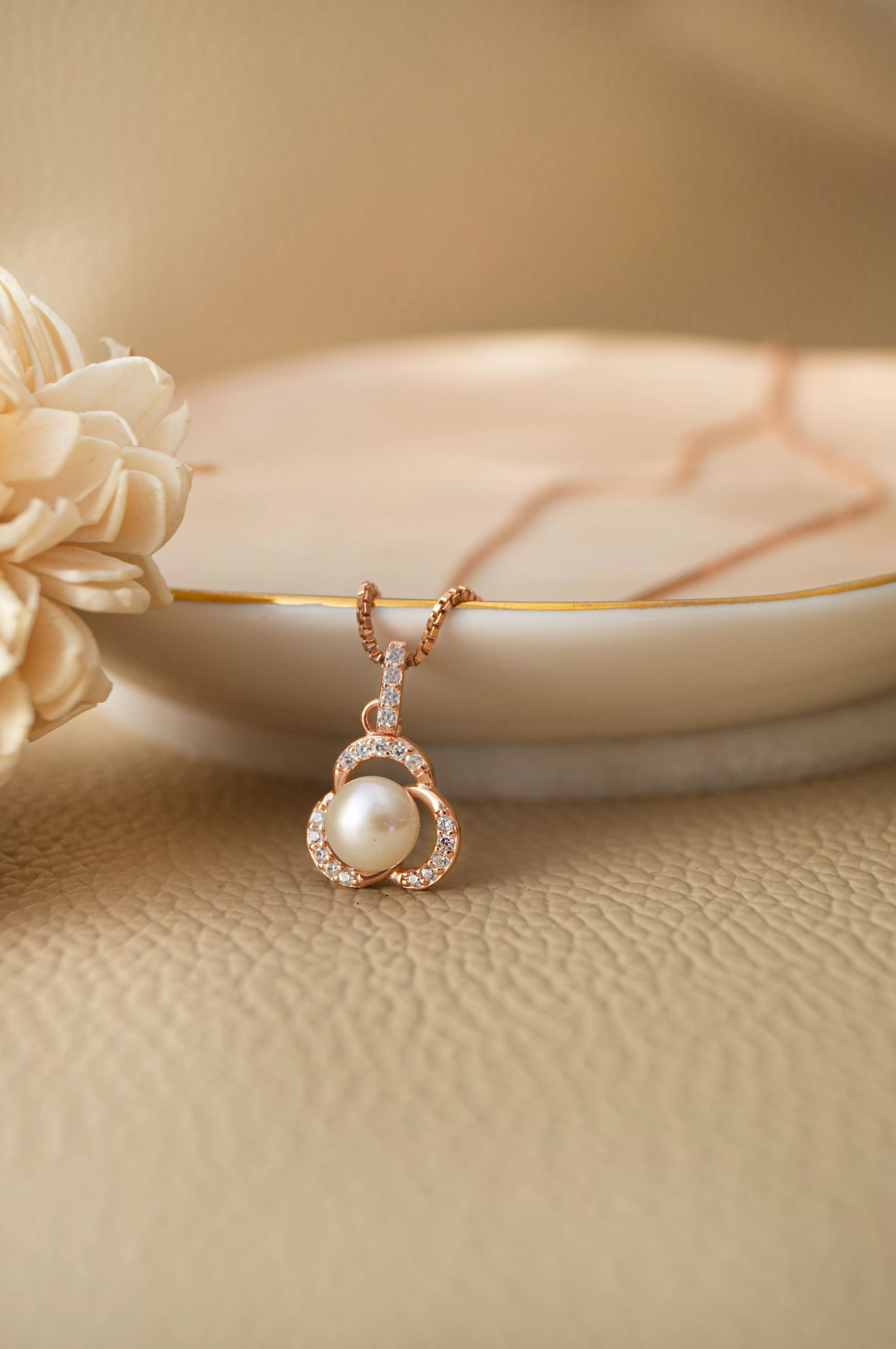 Pearl Enclosed Flower Rose Gold Plated Sterling Silver Pendant Set