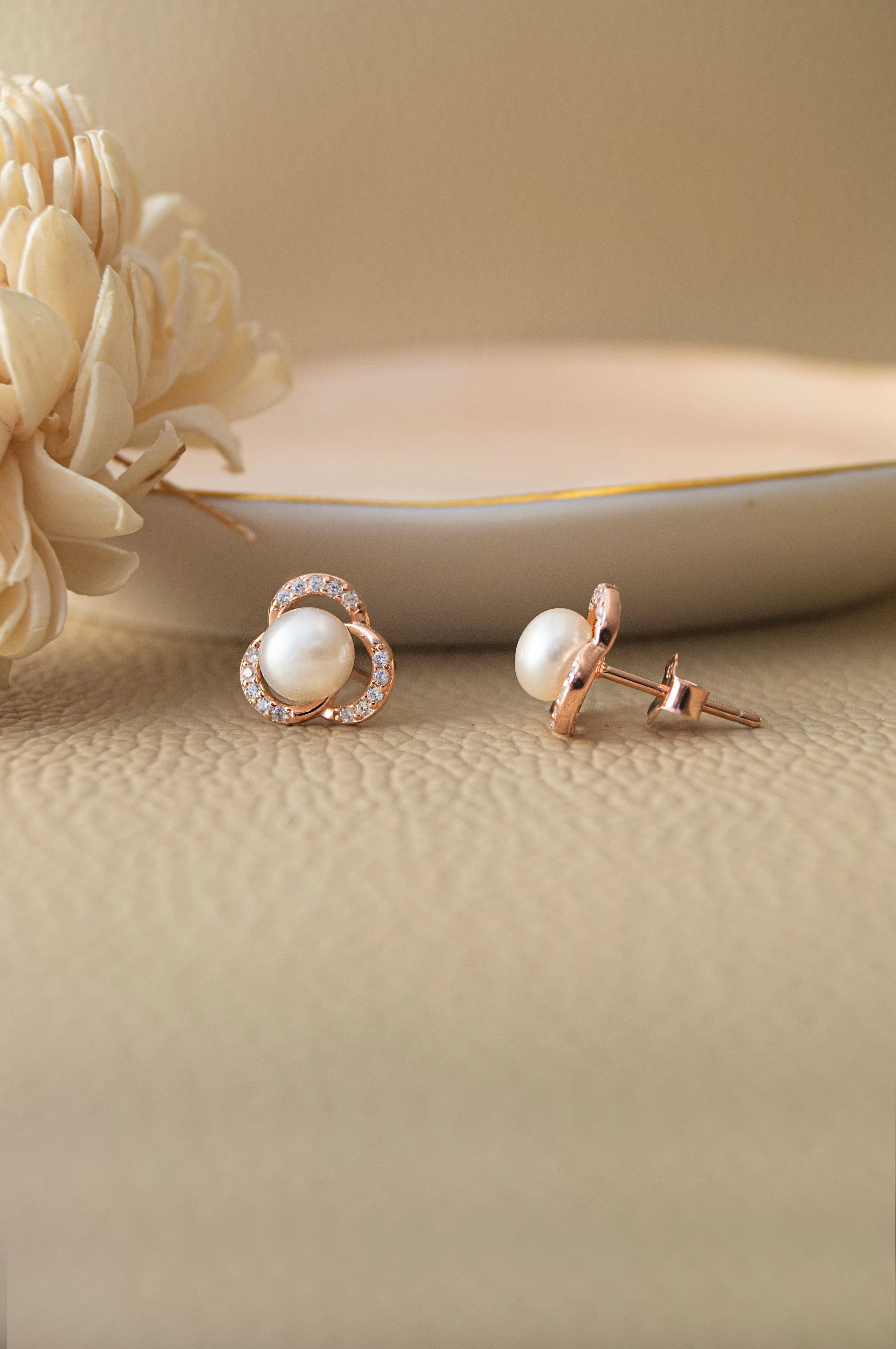 Pearl Enclosed Flower Rose Gold Plated Sterling Silver Pendant Set