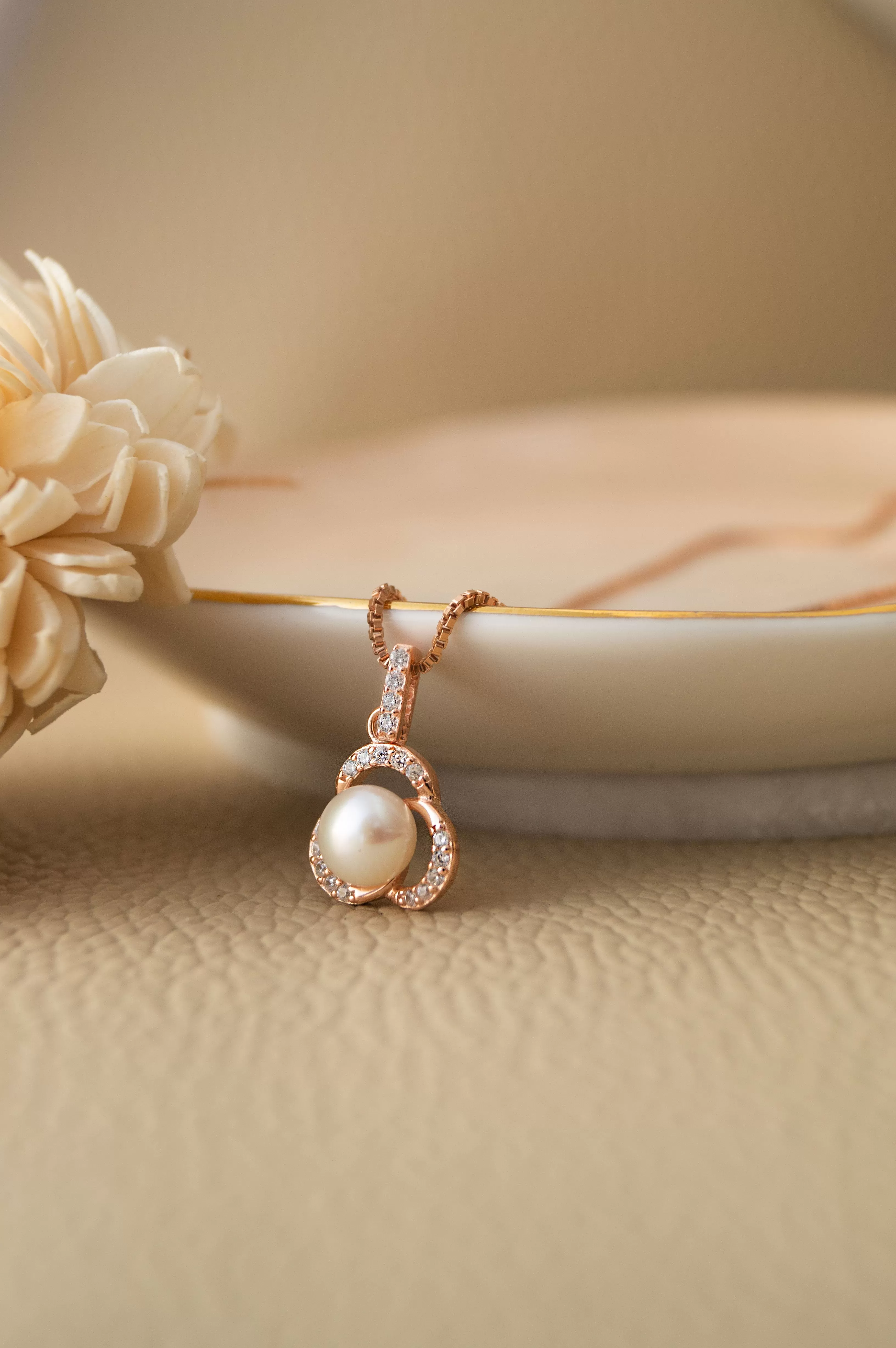 Pearl Enclosed Flower Rose Gold Plated Sterling Silver Pendant Set