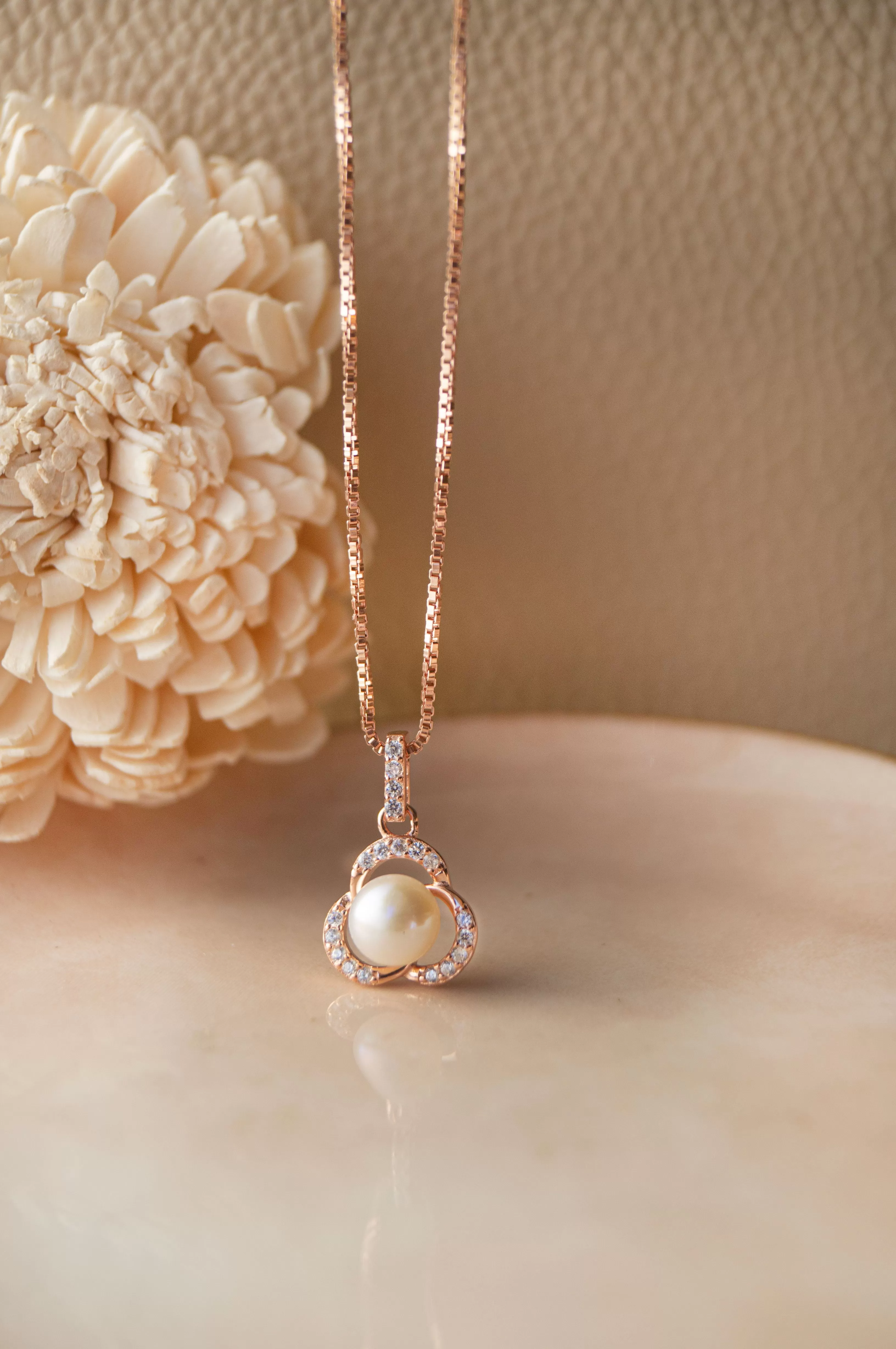 Pearl Enclosed Flower Rose Gold Plated Sterling Silver Pendant Set