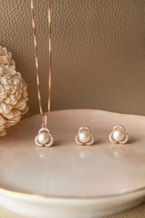 Pearl Enclosed Flower Rose Gold Plated Sterling Silver Pendant Set