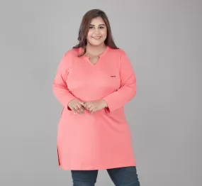 Plus Size Full Sleeves Long Top For Women - Pink