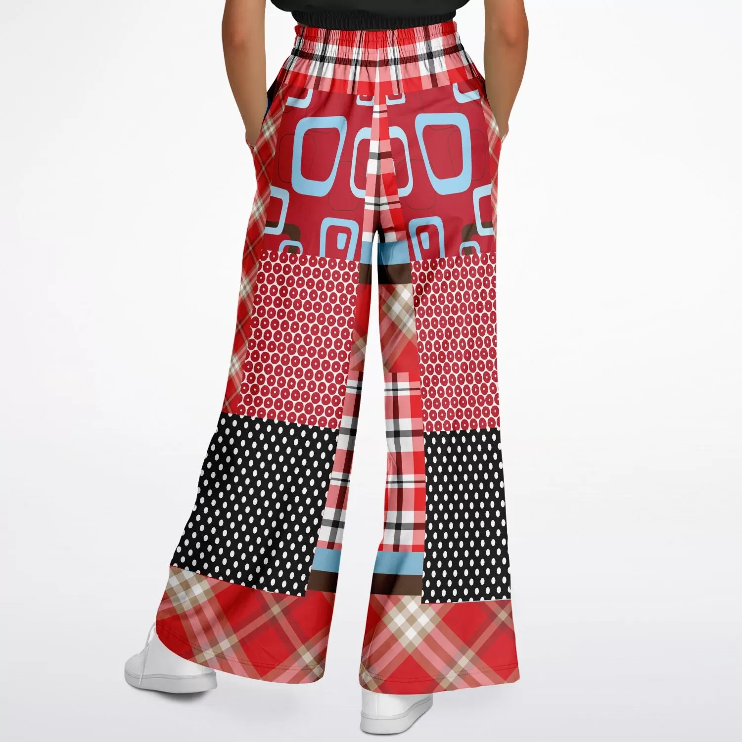 Red Pacific Palisades Patchwork Plaid Eco-Poly Stretchy Phat Bellbottoms