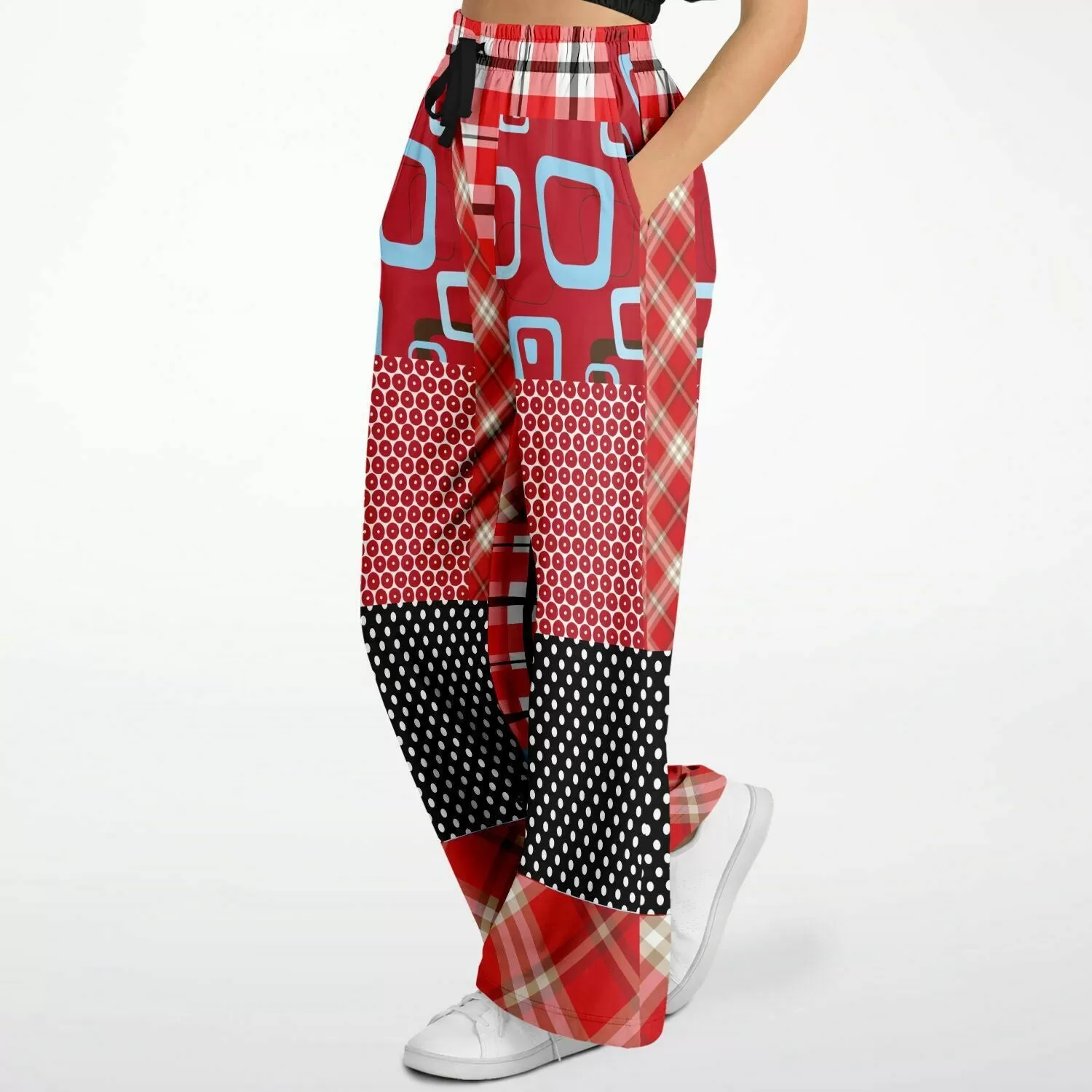 Red Pacific Palisades Patchwork Plaid Eco-Poly Stretchy Phat Bellbottoms