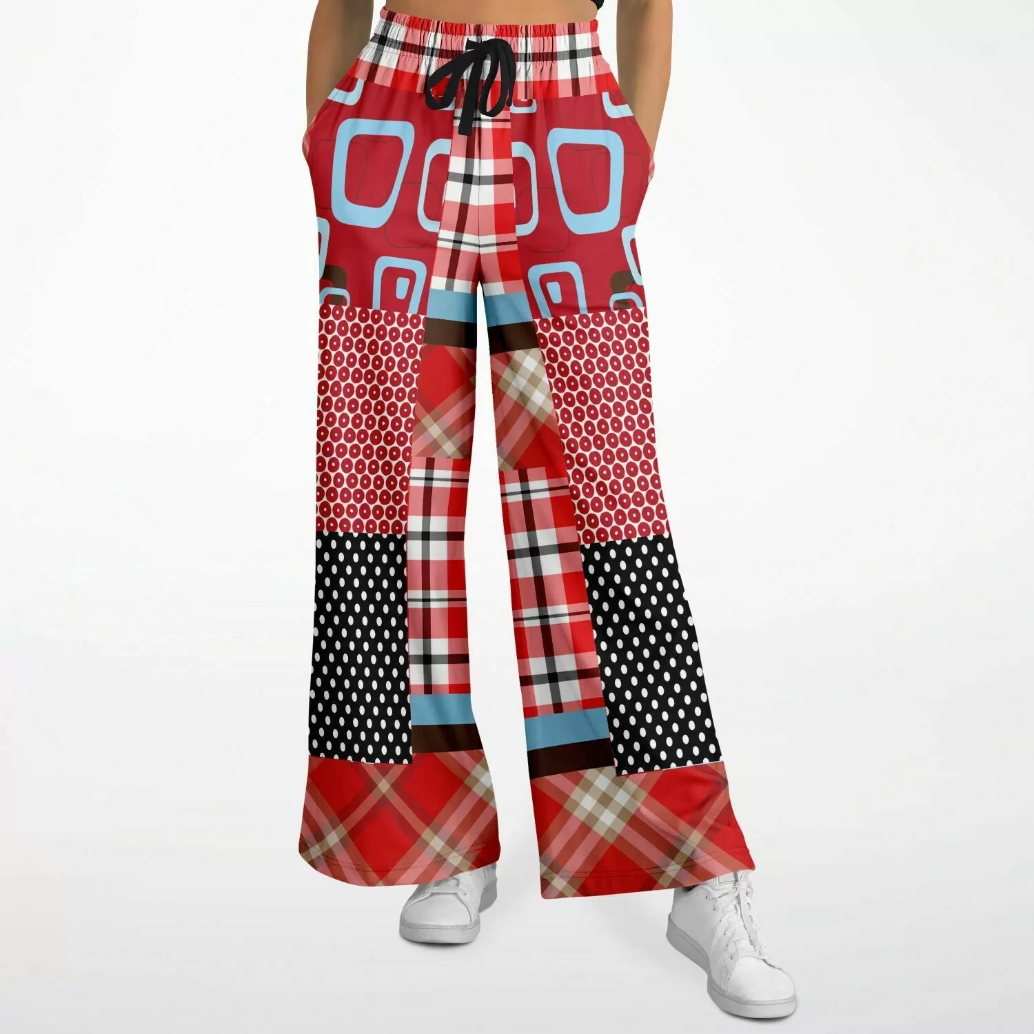 Red Pacific Palisades Patchwork Plaid Eco-Poly Stretchy Phat Bellbottoms