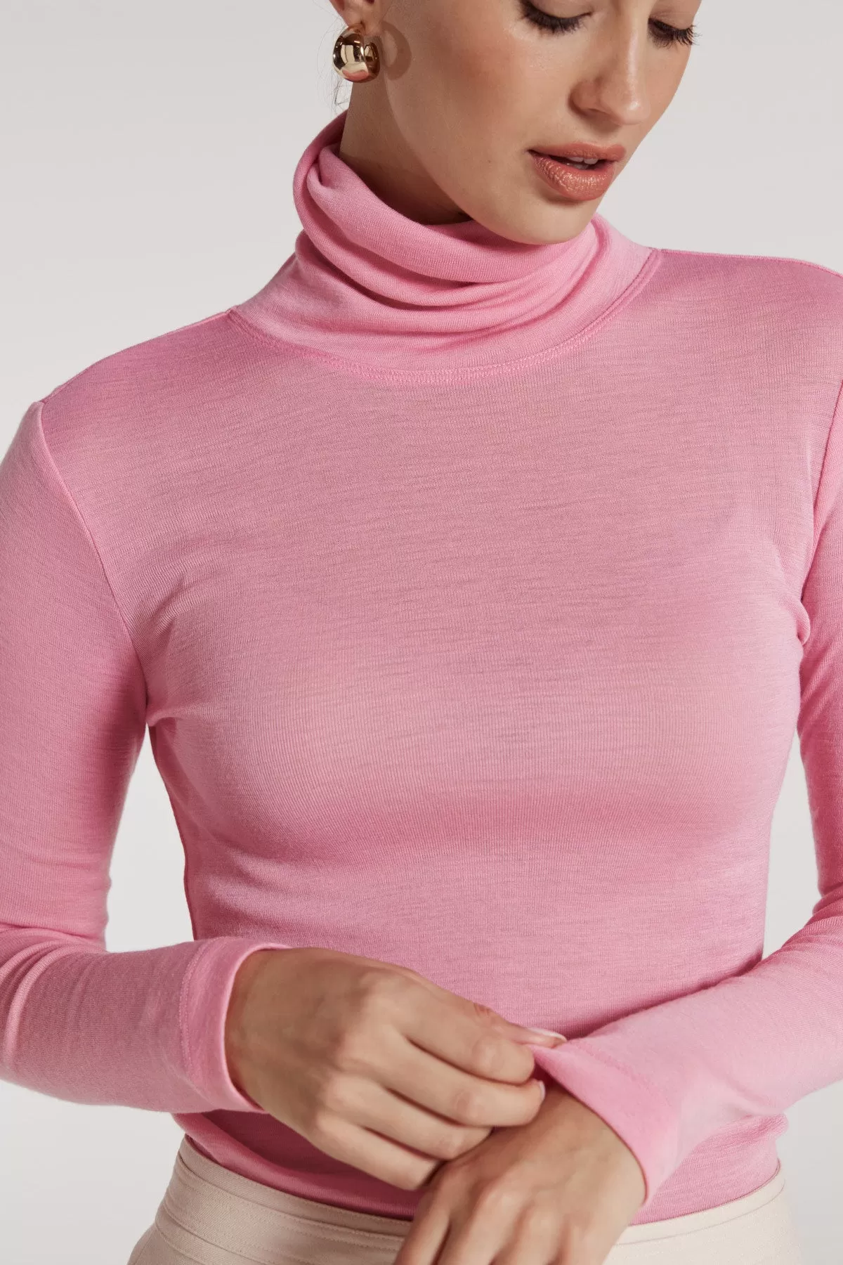 Roll Neck Merino Top - Pink