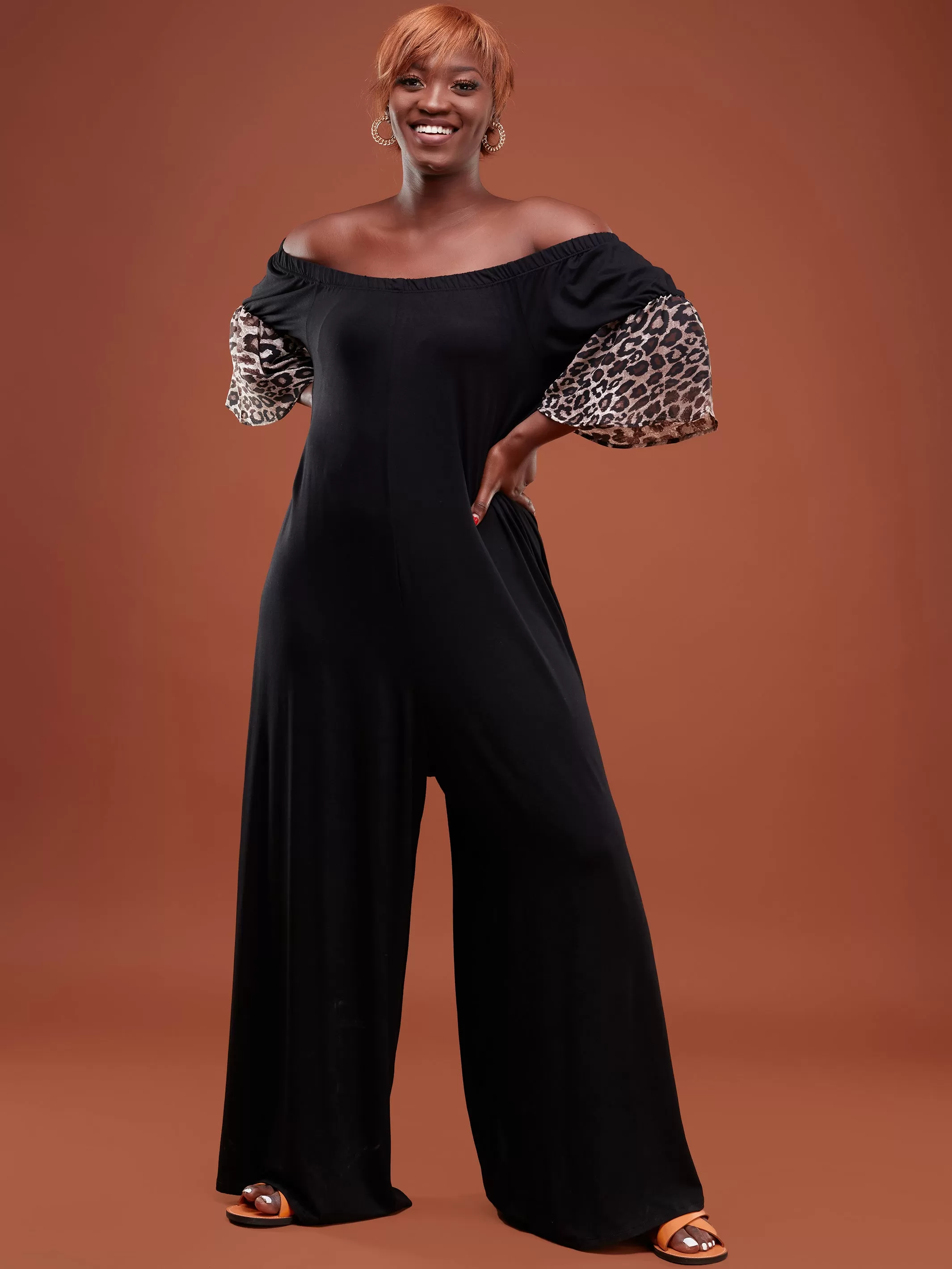 Safari Ayana 3/4 Sleeved Off Shoulder Jumpsuit - Black / Grey Print