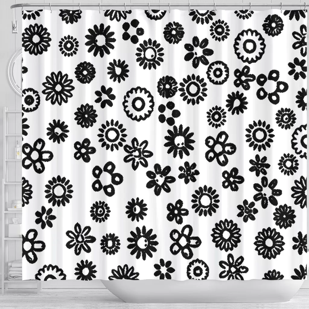 Shower Curtain Black Flowers on White