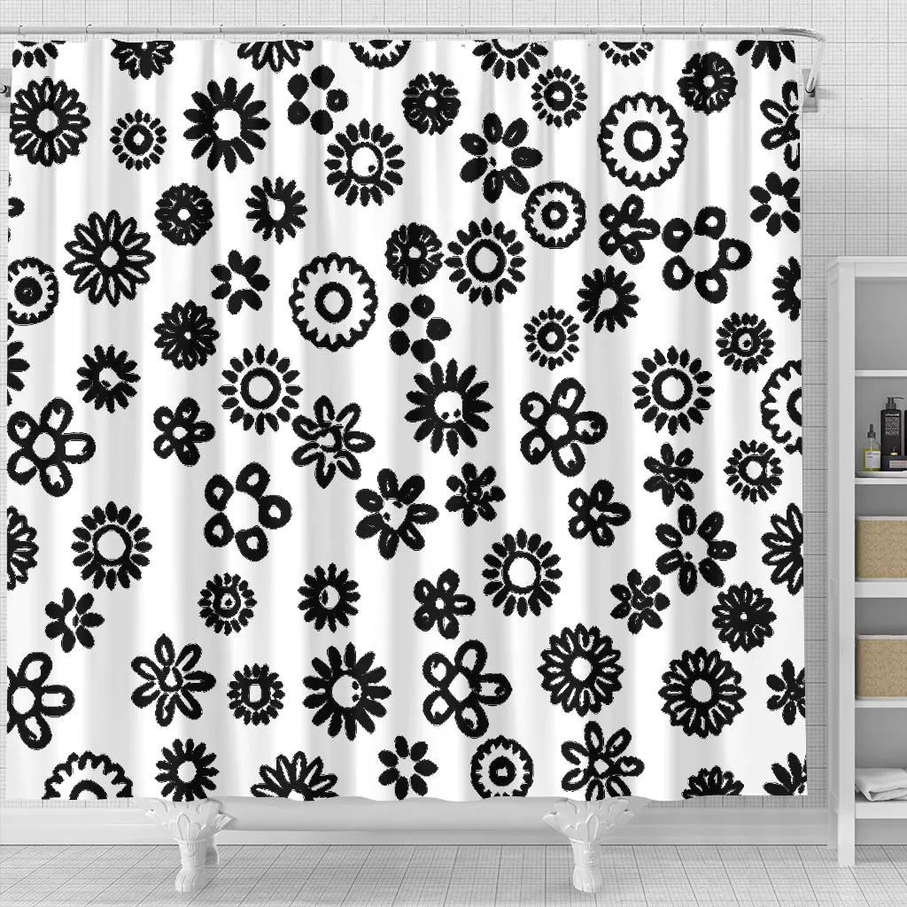 Shower Curtain Black Flowers on White