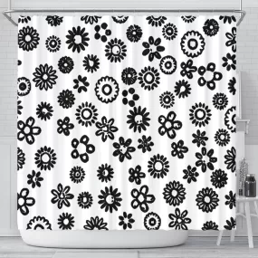 Shower Curtain Black Flowers on White