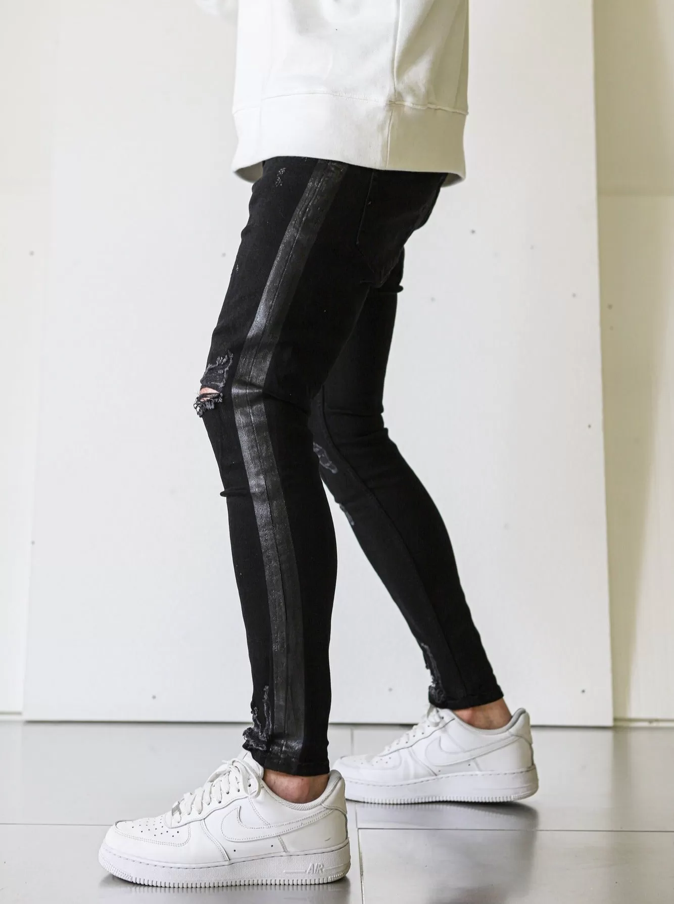 Side Stripe Black Ripped Jeans