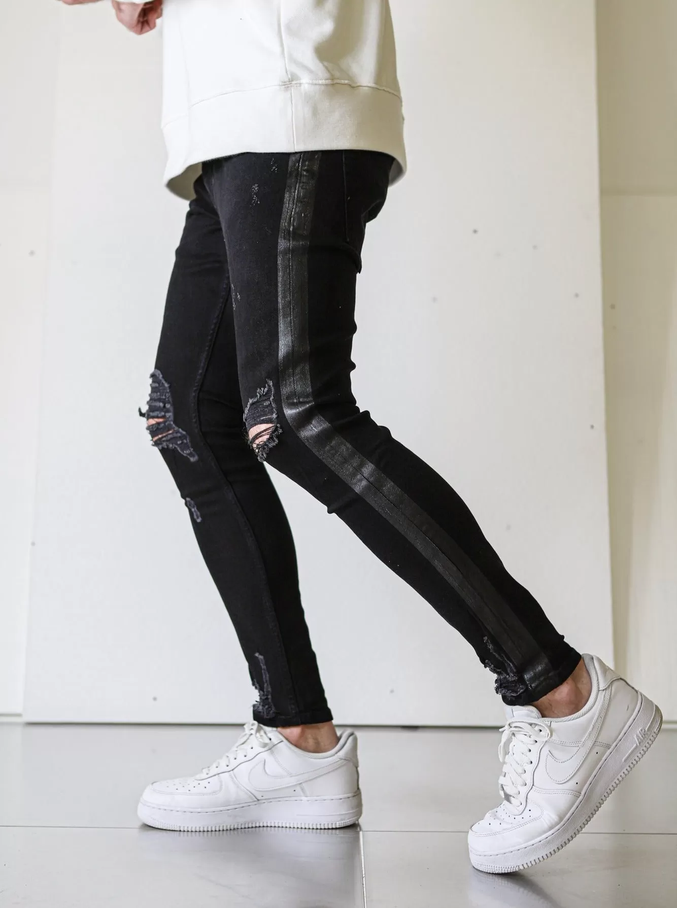 Side Stripe Black Ripped Jeans