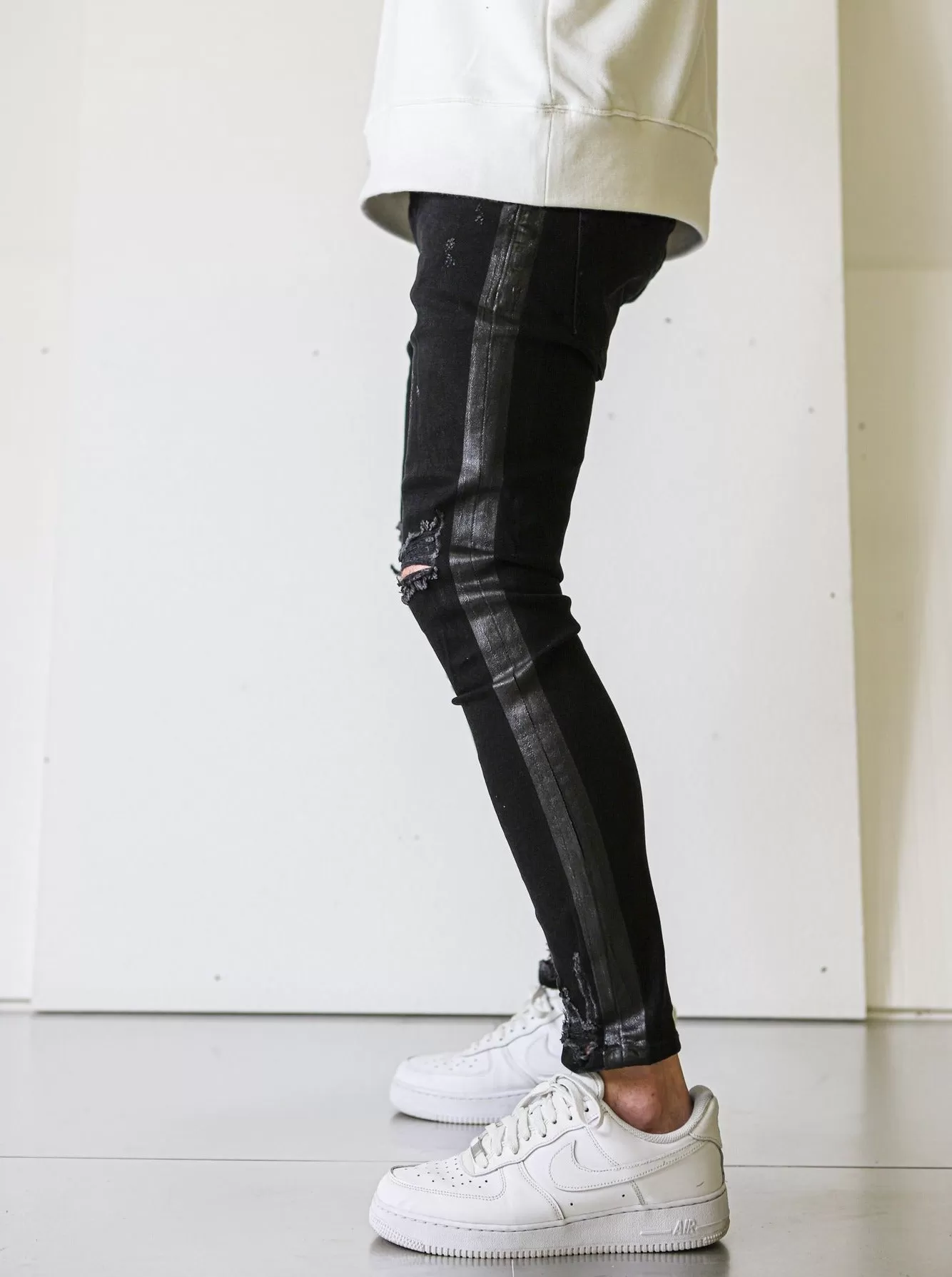 Side Stripe Black Ripped Jeans