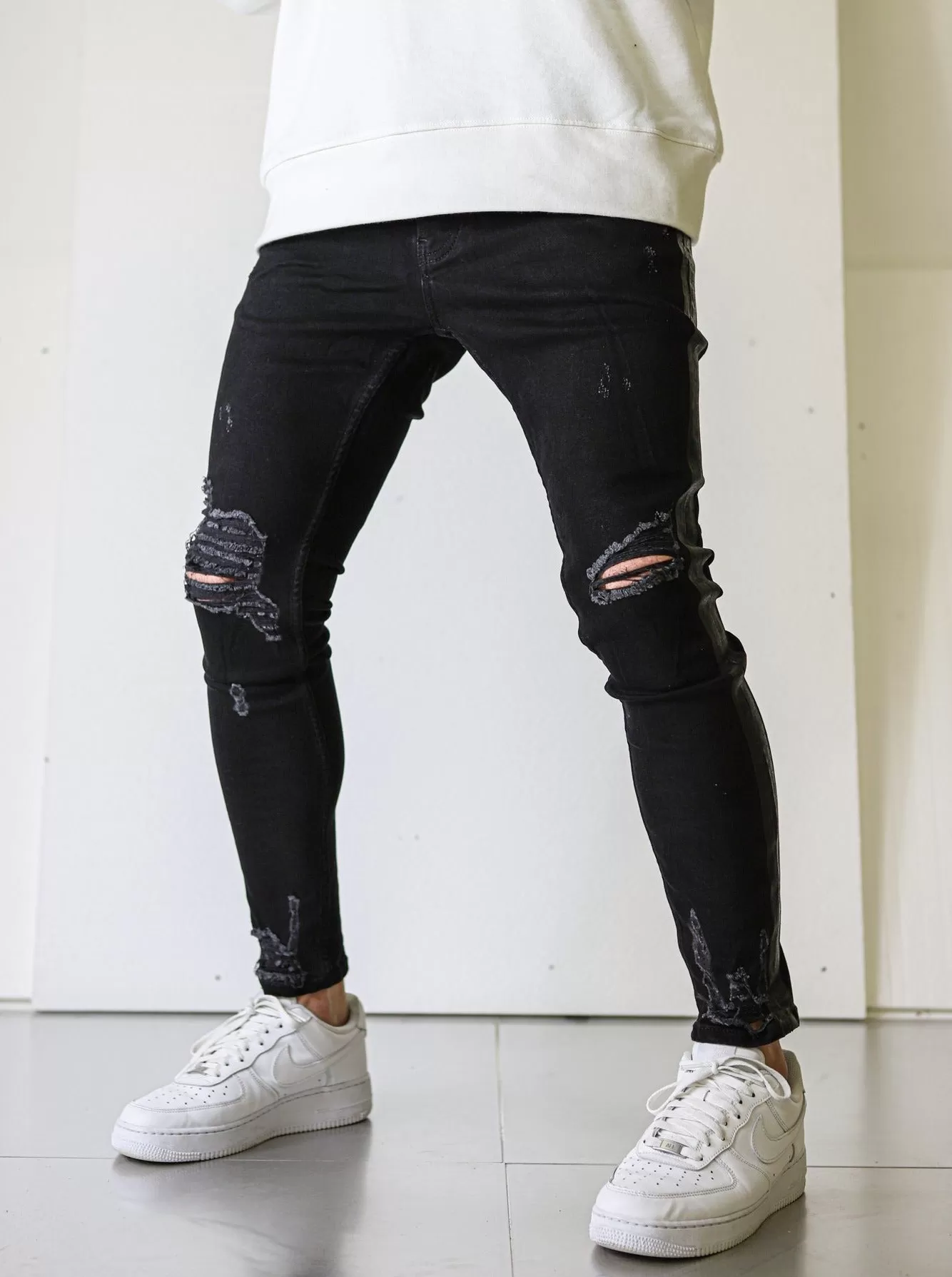 Side Stripe Black Ripped Jeans