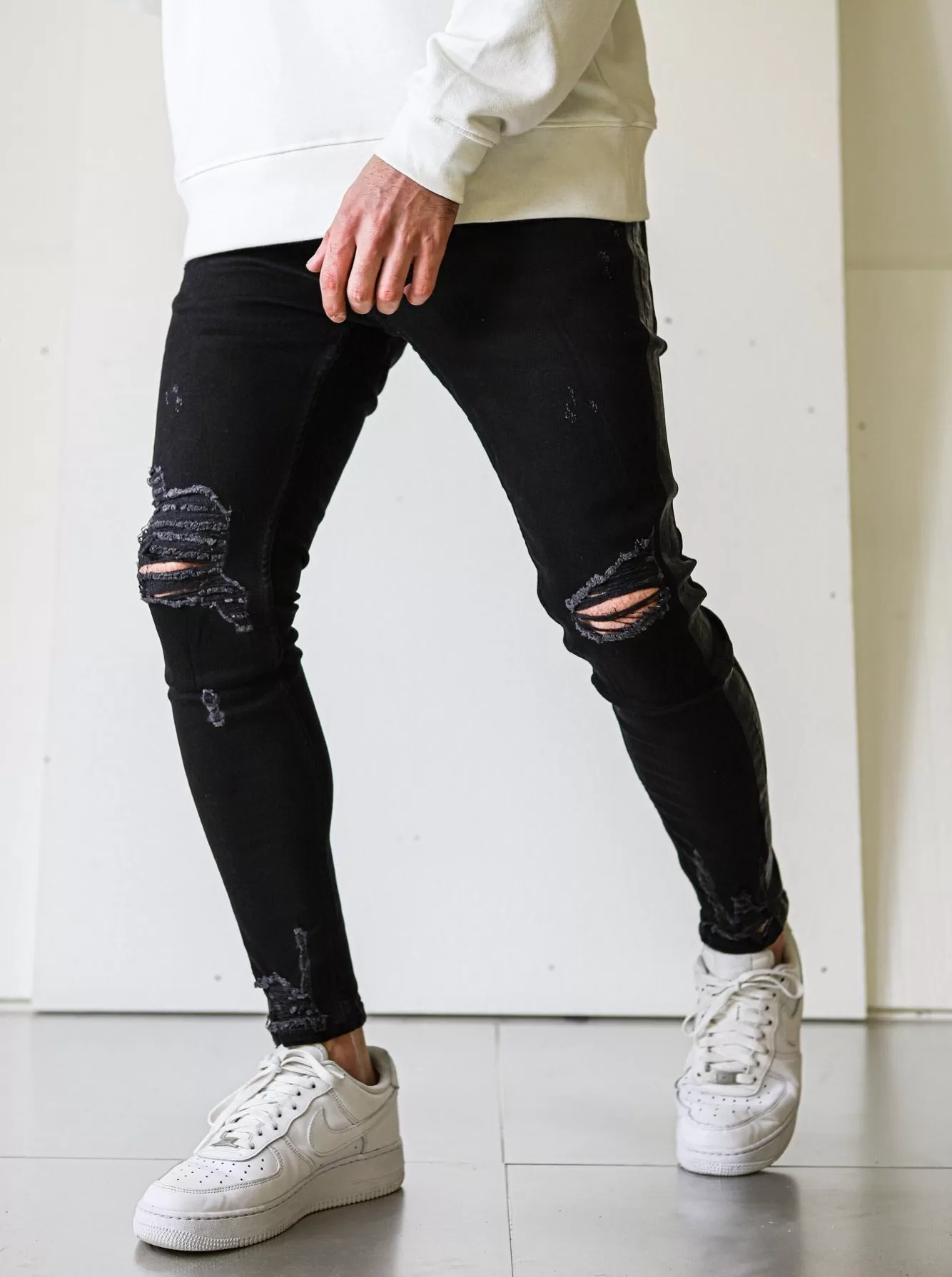 Side Stripe Black Ripped Jeans