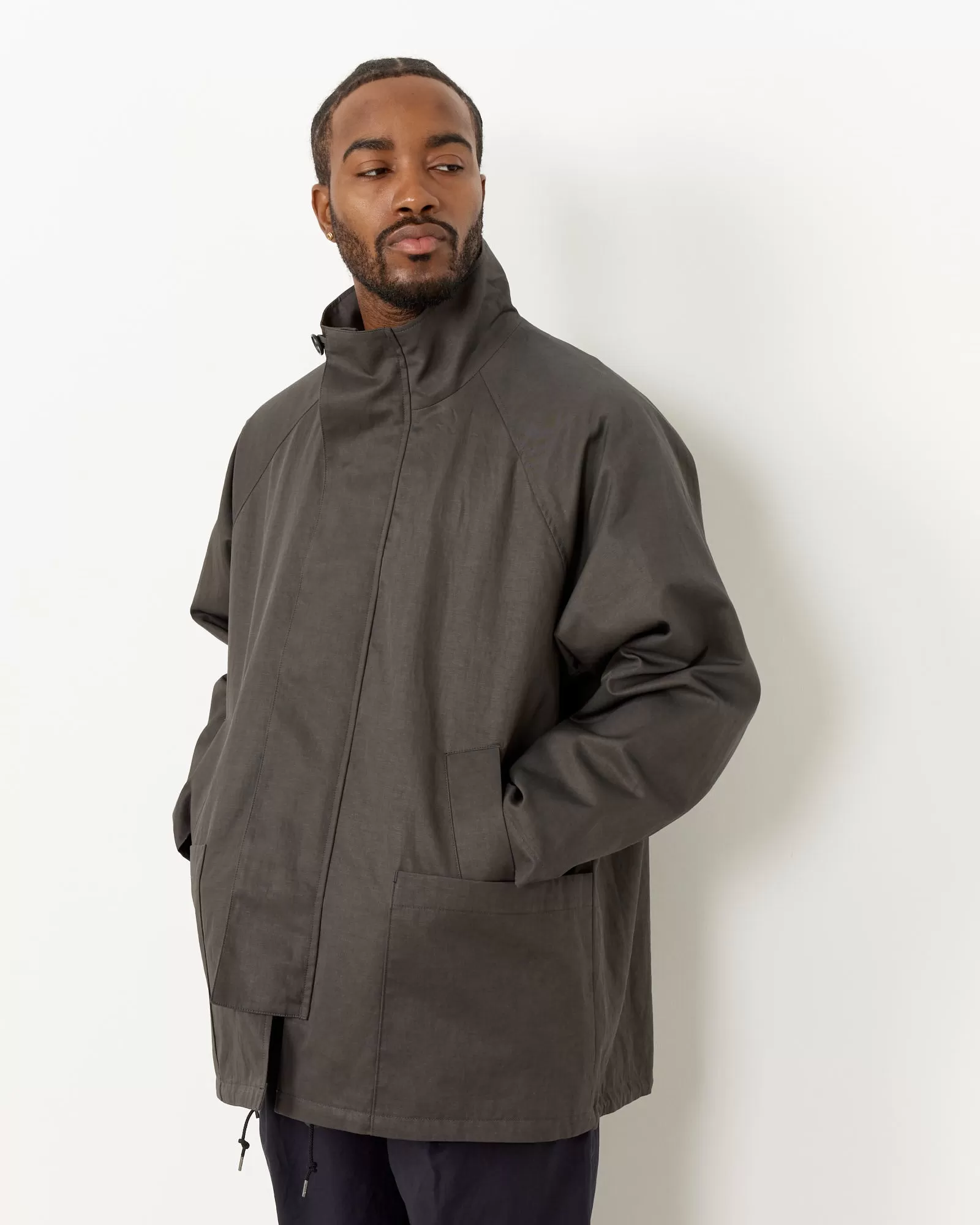 Stand Collar Half Coat in Charcoal