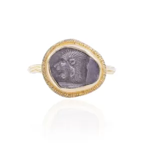 STEVEN BATTELLE OXIDIZED STERLING SILVER AND 18K YELLOW GOLD ANCIENT LION COIN RING