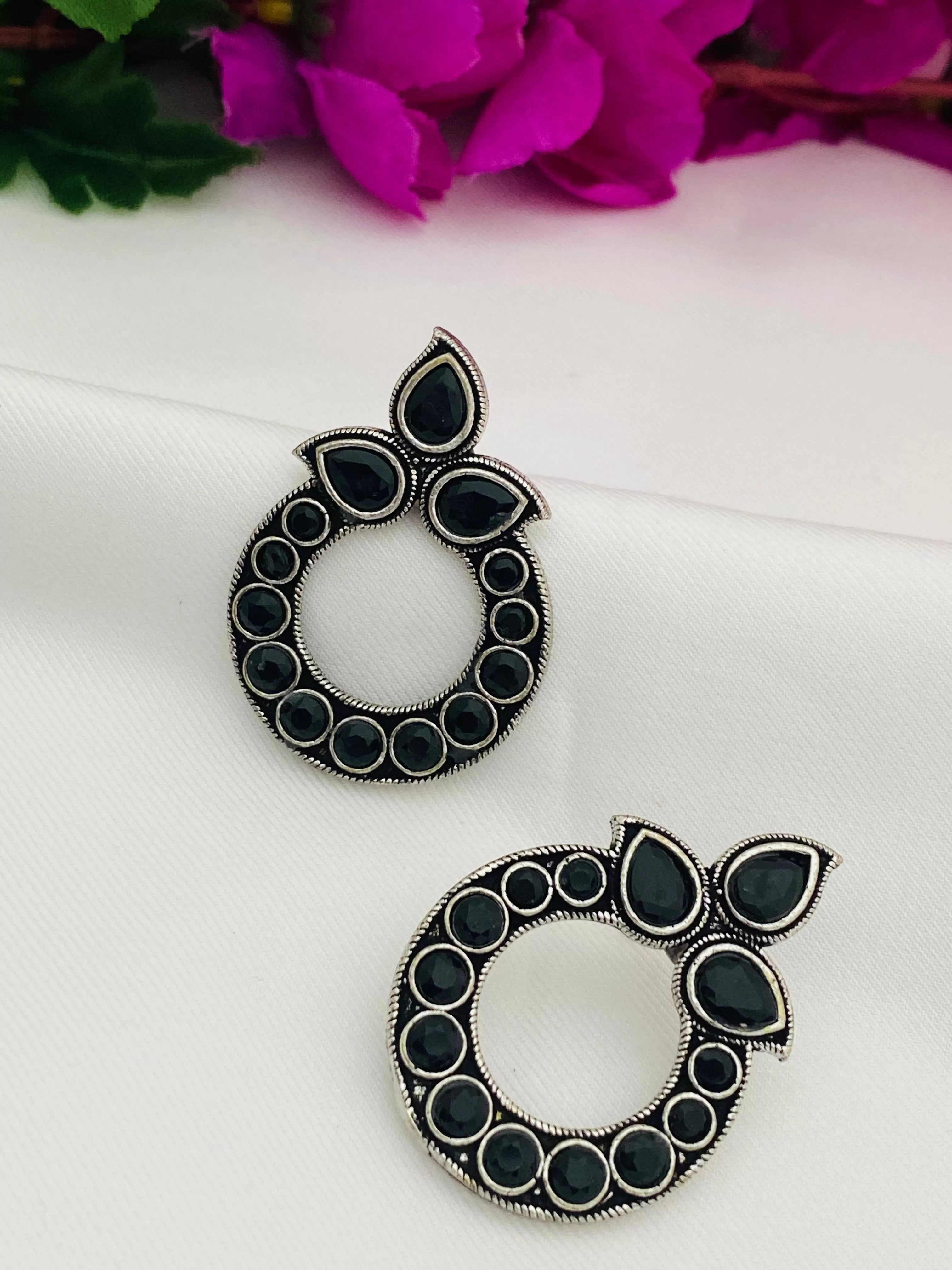 Stunning Black Color Stone Rounded Design Oxidized Earrings For Women