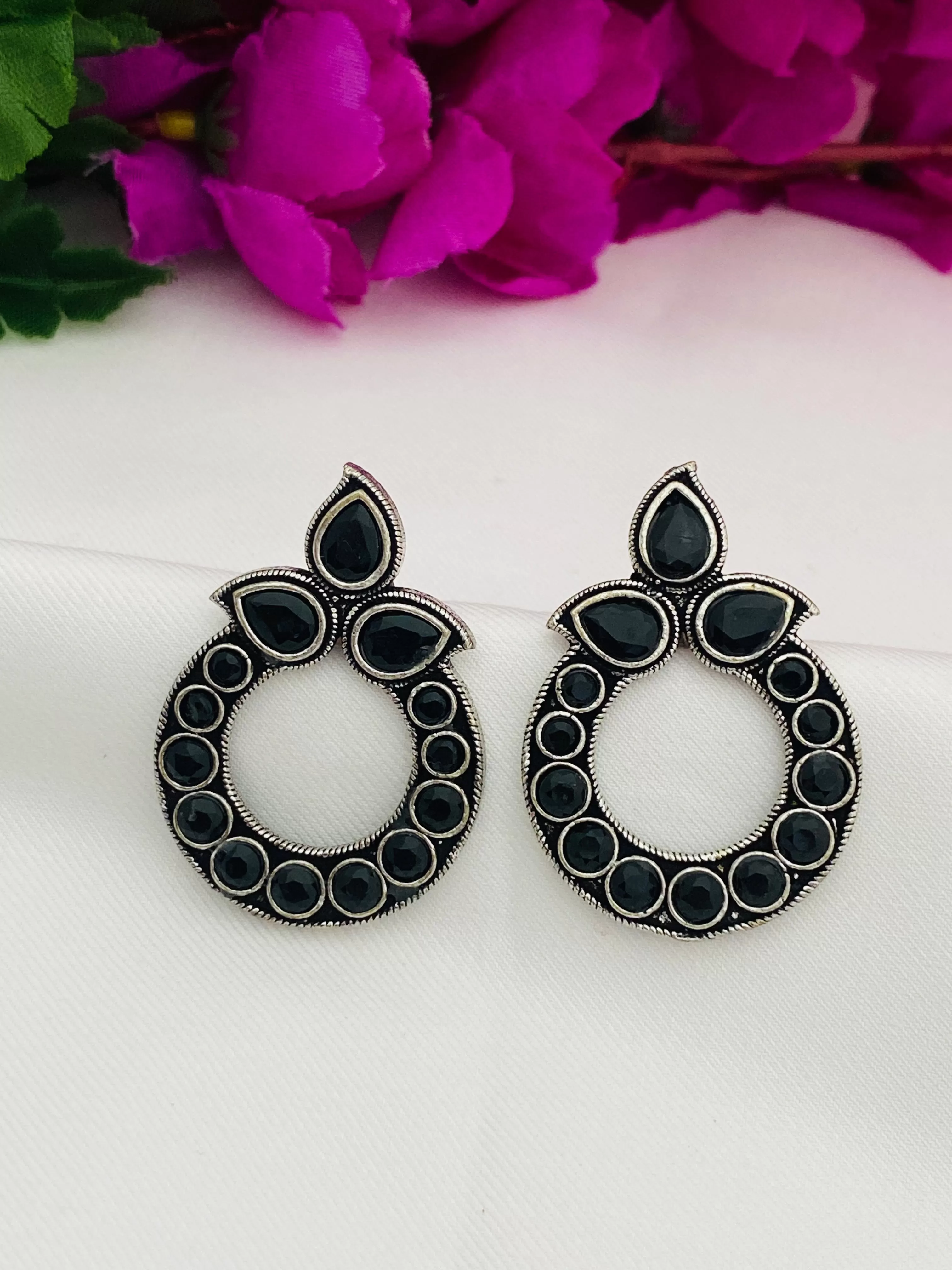 Stunning Black Color Stone Rounded Design Oxidized Earrings For Women