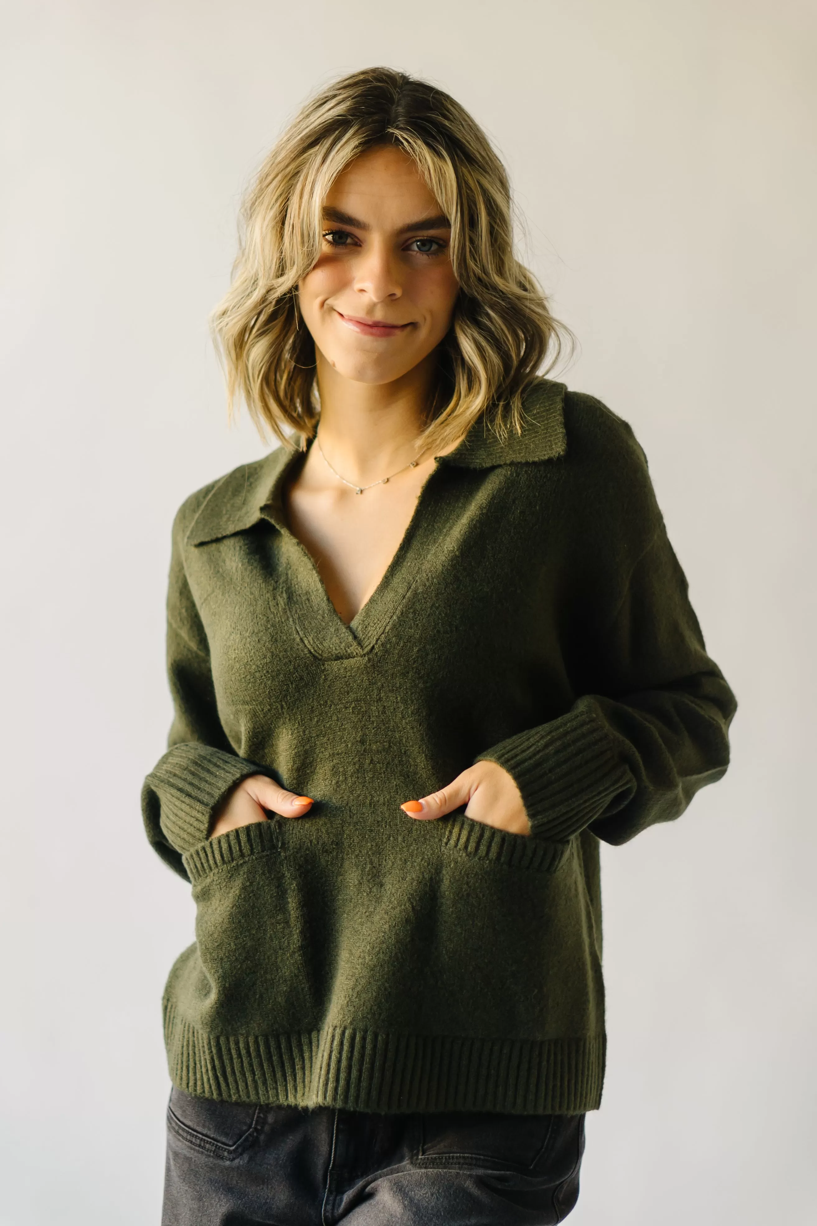 The Bushnell Pocket Detail V-Neck Sweater in Olive