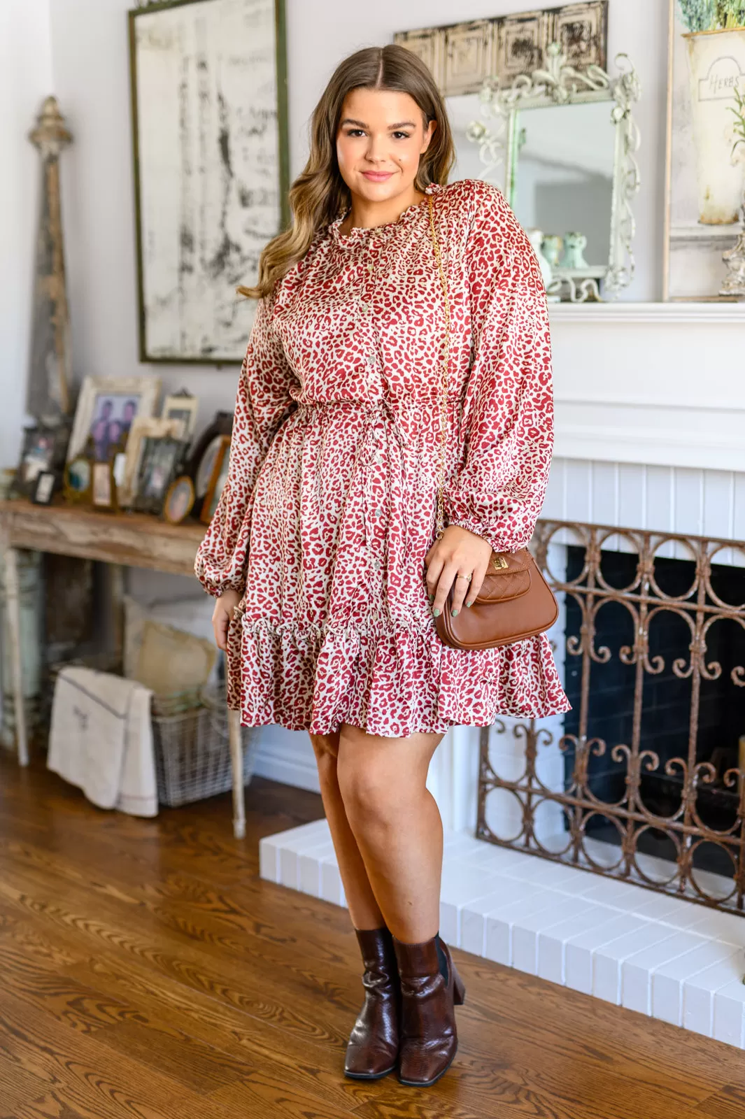 Tiered Animal Print Dress in Burgundy