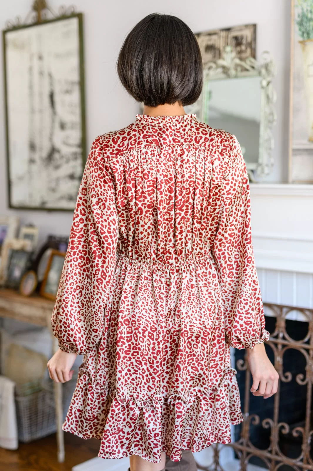 Tiered Animal Print Dress in Burgundy