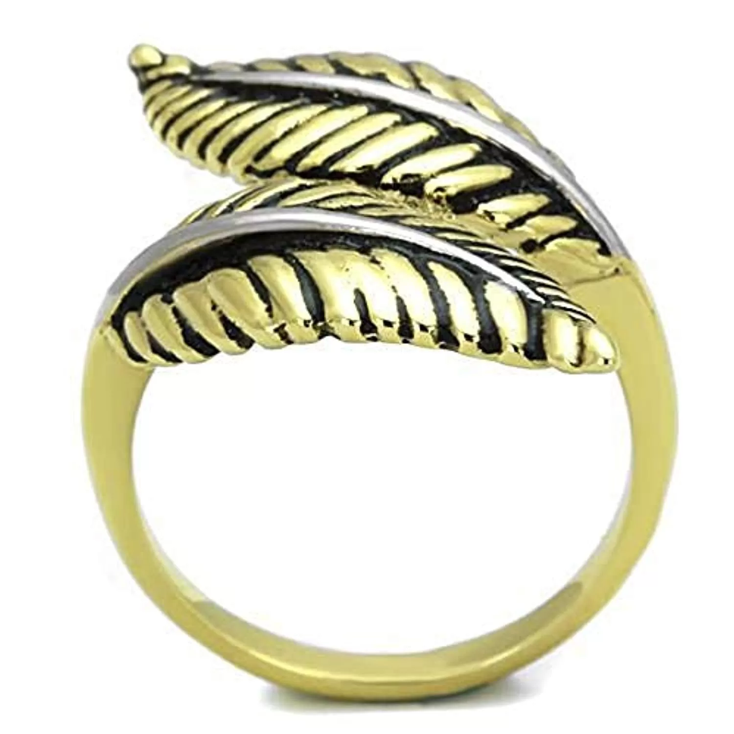 WildKlass Stainless Steel Ring Two-Tone IP Gold Women Leaf Epoxy Jet