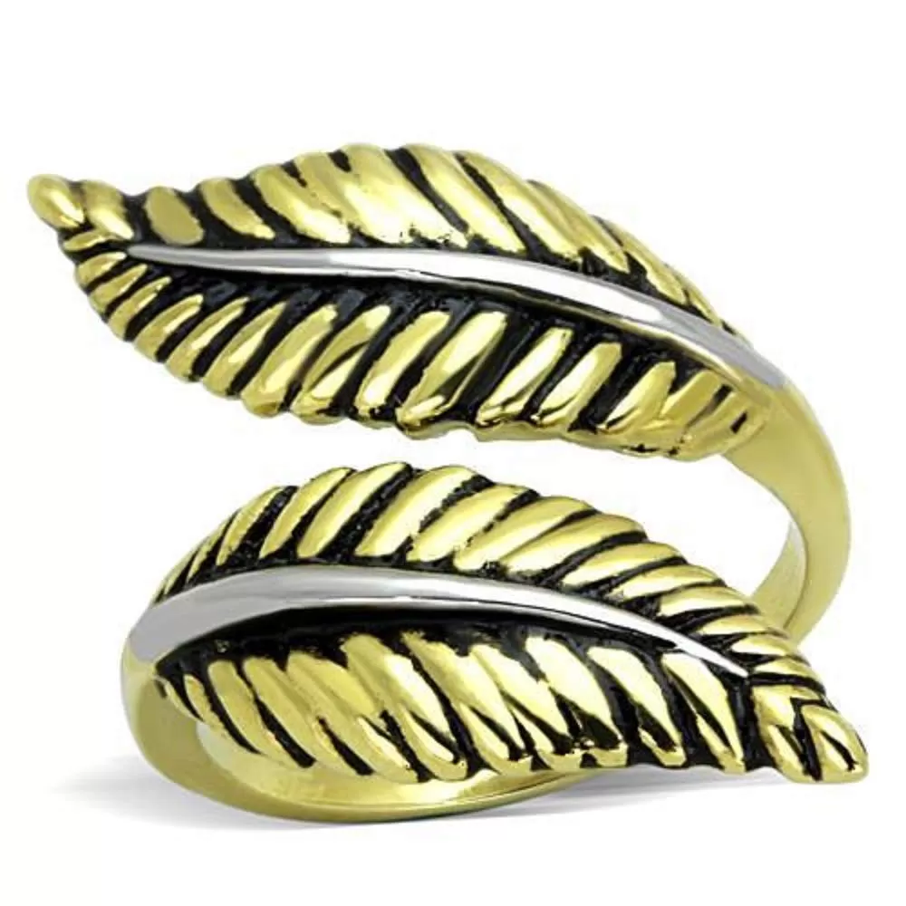 WildKlass Stainless Steel Ring Two-Tone IP Gold Women Leaf Epoxy Jet