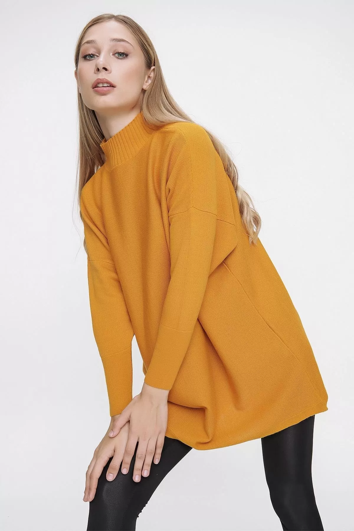 Women's Mustard Half Turtleneck Loose Long Knitwear Poncho - Chuba