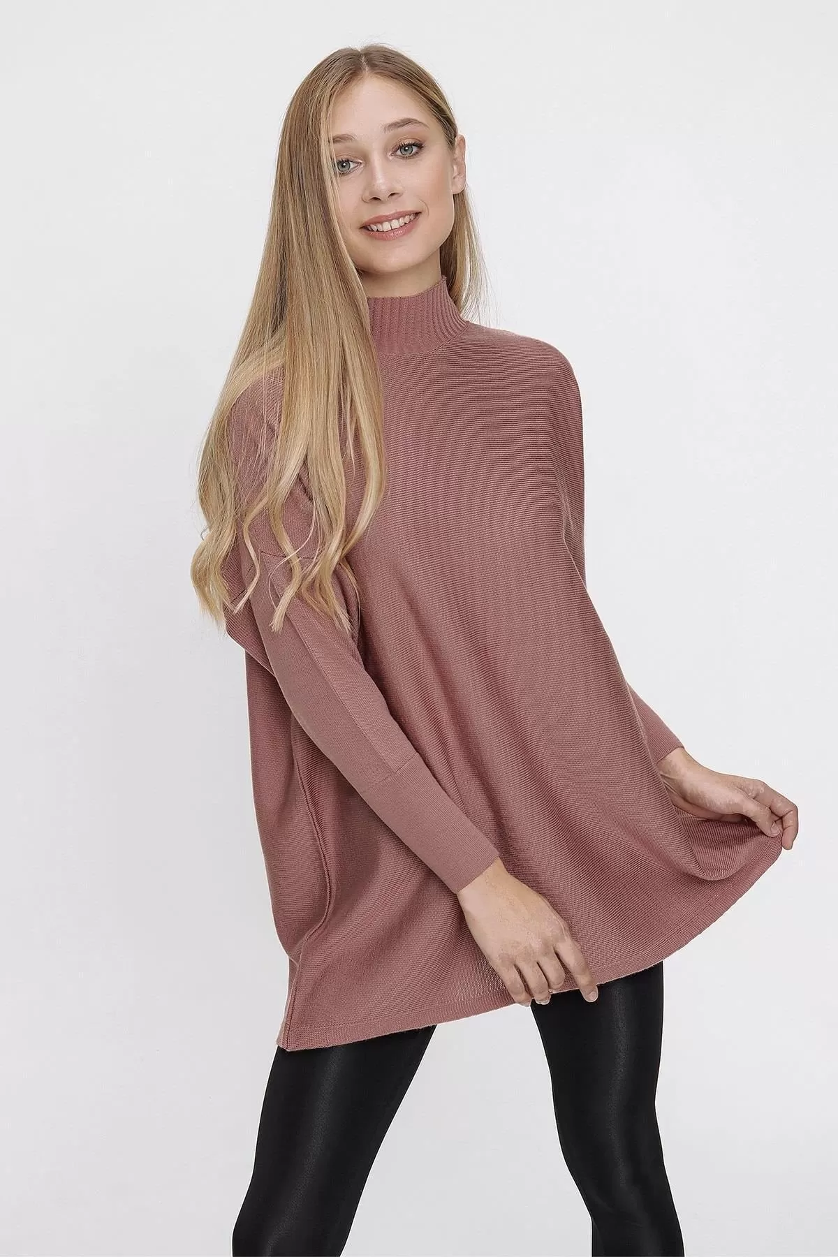 Women's Mustard Half Turtleneck Loose Long Knitwear Poncho - Chuba