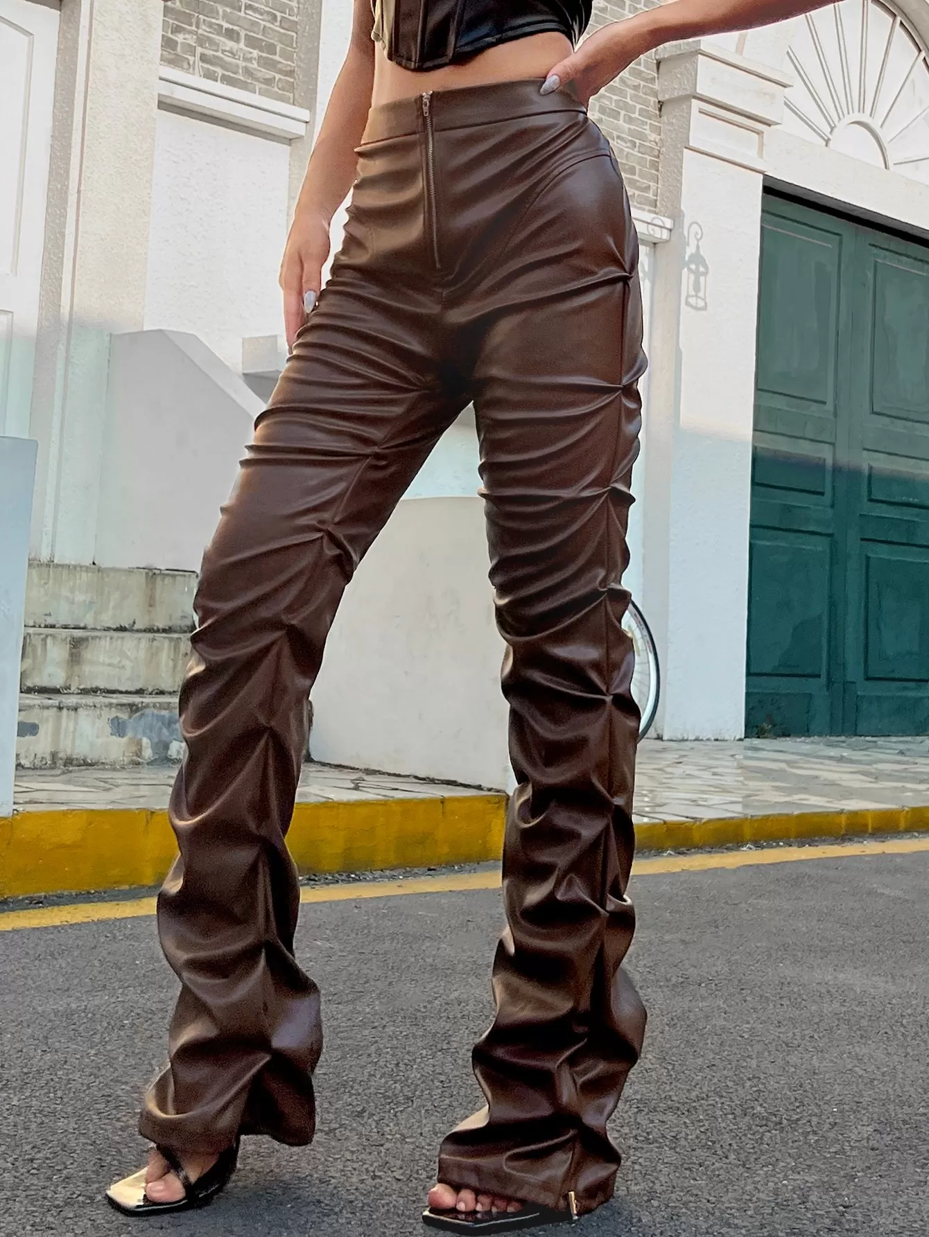 Zip Up Ruched Patent Pants